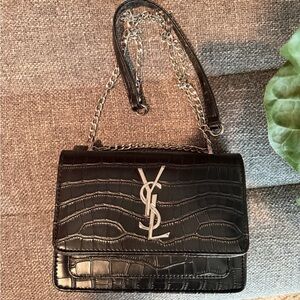 Yves Saint Laurent Black Croc-Patterned Shoulder Bag